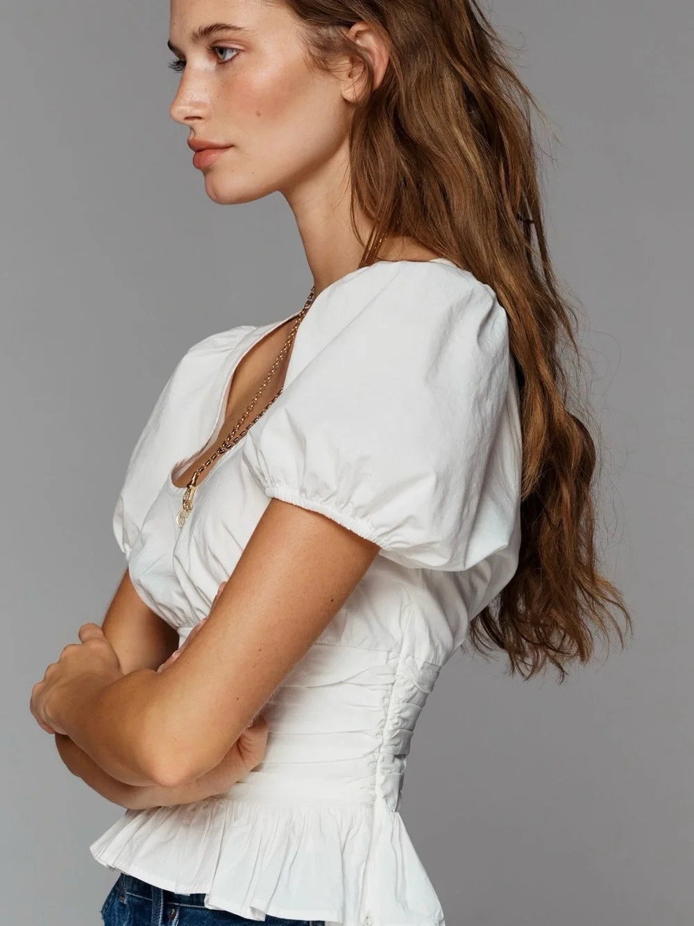 Anthropologie White Puff-Sleeve Peplum Top